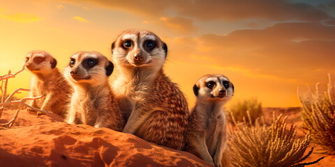 magical meerkat watching over his family in the Kalahari desert. Generative AI - obrazy, fototapety, plakaty