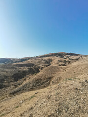 Photograph of Sandy Hills and Winding Dirt Road Under a Blue Sky, Sunny Day