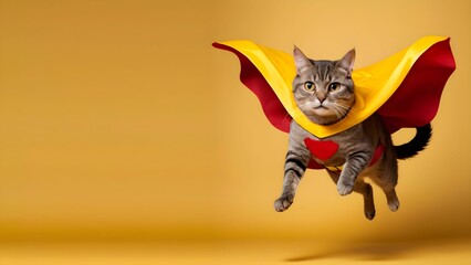 a flying cat in a superhero cape and mask on a yellow background. with space for text