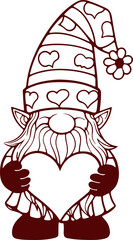 Cute valentine gnome outline vintage hand drawing