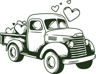 Valentine heart truck outline, vintage line hand drawing