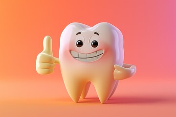 A funny animated tooth shows a class gesture on a pink background. 3d animation