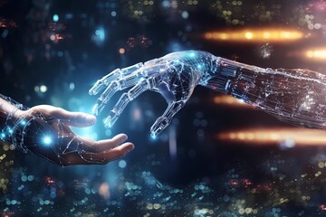 Futuristic design, hands of robot and human, deep learning, artificial intelligence technology, connectivity concept