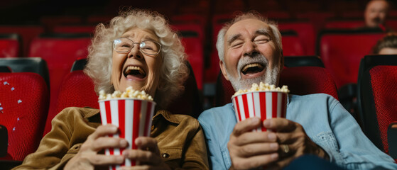 elderly couple laughing and sharing popcorn at a movie  cinema - obrazy, fototapety, plakaty