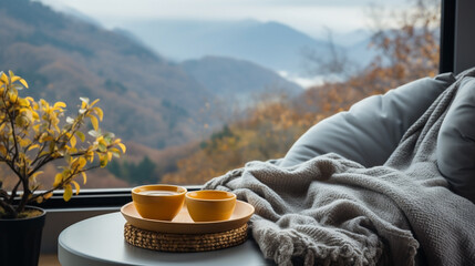Wide closeup photograph of view from a luxury hotel bedroom window, cozy couch with pillows and coffee cup on a tray, misty mountain range landscape outside in a cold day morning