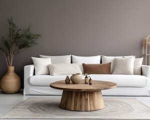 Fototapeta na wymiar Round wood coffee table near white sofa with grey pillows. Boho, ethnic, tribal style home interior design of modern living room