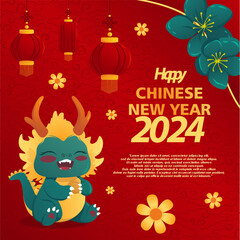 Chinese New Year 2024, Year of the Dragon greeting card design with a cute dragon, decorated with lanterns and flowers.