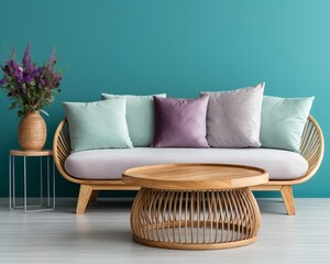 Round wood coffee table near wicker sofa with mint cushions against turquoise wall with copy space. Scandinavian home interior design of modern living room