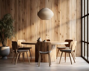 Round wooden slab dining table and chairs around it against barn wood board paneling wall. Japandi interior design of modern dining room