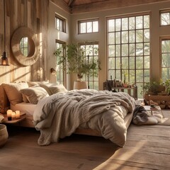 Boho Charm Meets Rustic Comfort: Interior Design of a Modern Bedroom in a Farmhouse Setting