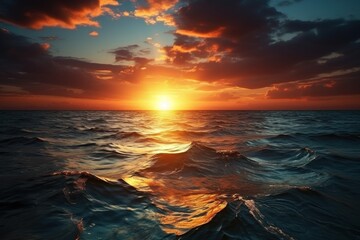 Ocean horizon bathed in sunset glow, waves reflecting golden light on the water