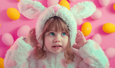 Obraz na płótnie Canvas surprised young girl in fluffy white and pink bunny costume against a colorful easter egg backdrop