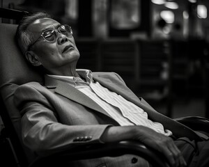 Elderly Asian man resting in a chair possibly for lifestyle or healthcare industries