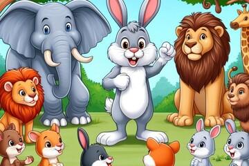 jungle, illustration, animal, wildlife, nature, vector, elephant, safari, zebra, background, tropical, giraffe, wild, monkey, cute, lion, africa, character, cartoon, summer, set, zoo, forest, leaves, 