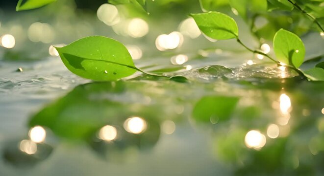 foglie umide sotto la pioggia che sfiorano l'acqua , sensazione di relax, primavera e natura, temporali sulle piante, pace e serenit&agrave;