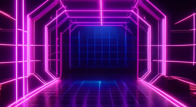ambiente futuristico vuoto con luci al neon che si accendono , stanza in movimento