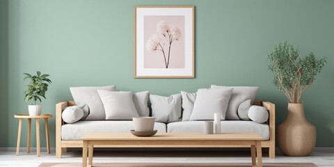 Fototapeta na wymiar Rustic coffee table near sofa against mint color wall with frame poster. Scandinavian home interior design of modern living room in farmhouse