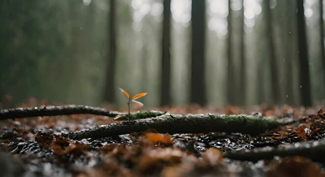 scorcio di foresta affascinante sotto la pioggia,  natura mistica, leggera nebbia data dall'umidit&agrave;, primo piano di ramo con foglia 