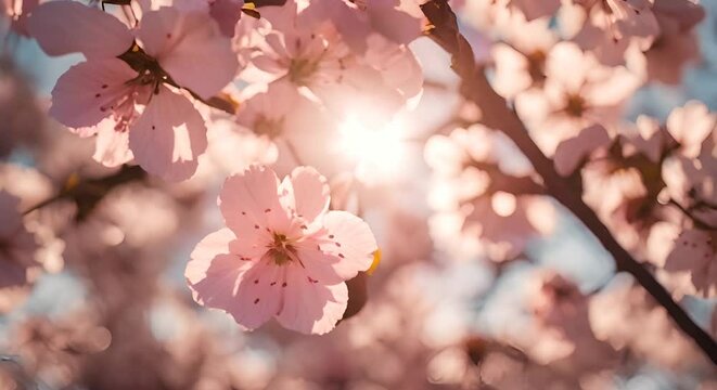 fiori di ciliegio, sakura con raggi di sole tra i rami, arrivo della primavera, sfondo di fori che trasmette calma e gioia, 