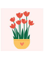 Flat style illustration of tulips in a pot. Can be used for floral design, greeting cards, birthday and any holiday illustration.	
