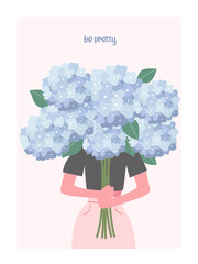 Beautiful illustration of a girl with a bouquet of hydrangeas. Design template for card, poster, flyer, banner and other use.