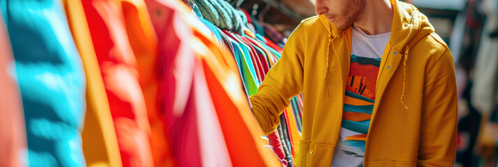 Man Browsing Colorful Clothes at Thrift Market