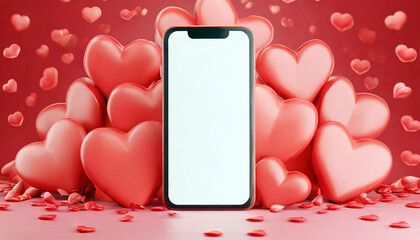 Smart mobile phone with blank screen against colorful hearts background for Valentine's Day sales and stories concepts