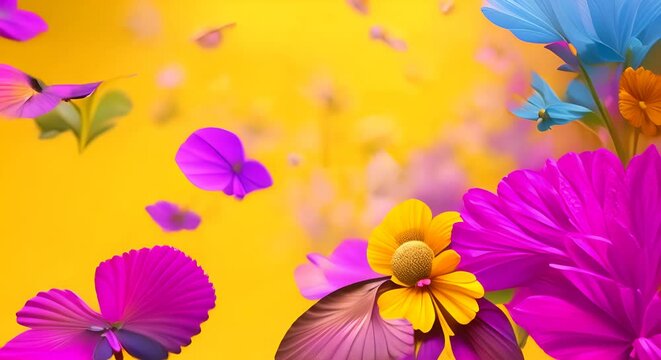 sfondo dinamico e astratto con fiori e farfalle 3d , arrivo della primavera, fiori colorati su sfondo giallo, Video di sfondo primaverile con fiori e farfalle 3D, atmosfera gioiosa e serena