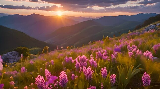 paesaggio primaverile di montagna con piccoli fiori viola al tramonto , tramonto del sole, emozioni alla vista della maestosit&agrave; della natura,