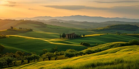 Golden hour over lush green hills, peaceful landscape. serene nature scene for relaxation. photographic art. AI