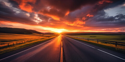 vibrant, serene imagery of a deserted road traversing through the stunning natural landscape, awash in the warm hues of a sunset, perfectly optimized for 16:9 HD resolution, Ai generated