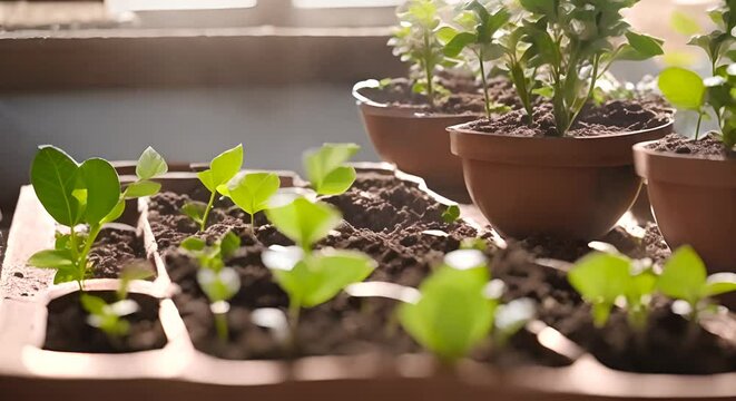 germogli di piantine nel terreno , raggi di sole, vasetti con germogli, crescita della natura 