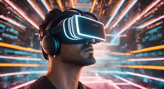 primo piano di uomo che indossa un casco VR e si immerge nella realtà virtuale, multiverso e colori al neon