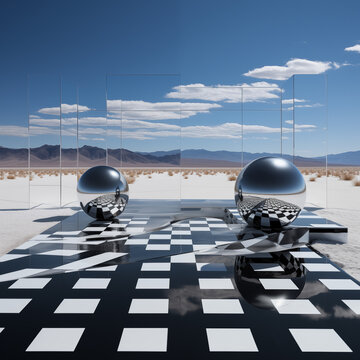 3d render of surreal desert with black and white platform and reflective globes