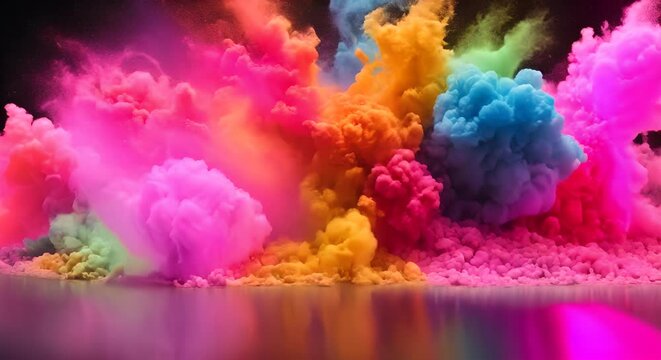 polvere colorata dai colori vibranti che esplode e si propaga su sfondo nero, concetto di energia e vitalit&agrave;