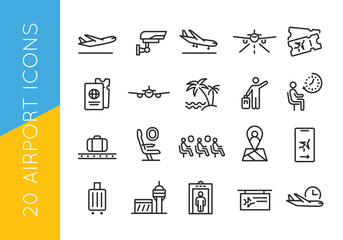 Airport and Travel icons set. Aviation icons for mobile, web and marketing materials, flyers. Vector illustration