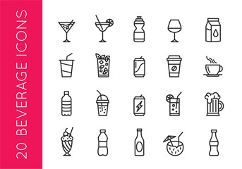 Beverage icons, Set of 20 minimal icons. Alcohol and non-alcoholic drinks icons. Beer, coffee, wine, cocktail, soda, bottle signs. Icons set for restaurant menu, web page, mobile app, packaging design