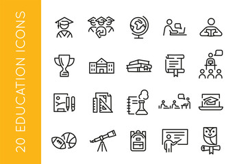 Set of 20 black line icons related to education and learning on a white background for mobile, web app, promotional materials, and SMM. Vector illustration