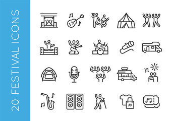 Festival, outdoors, event line icons  Celebration, party, holidays simple line icons on white background for mobile app, web, promotional and SMM. Editable stroke. Vector illustraton.