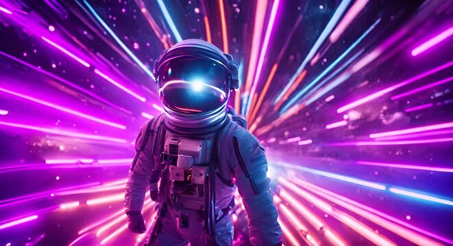 Astronauta nella quarta dimensione. Ambienti neon e strisce luminose. Animazione 3D di fantascienza