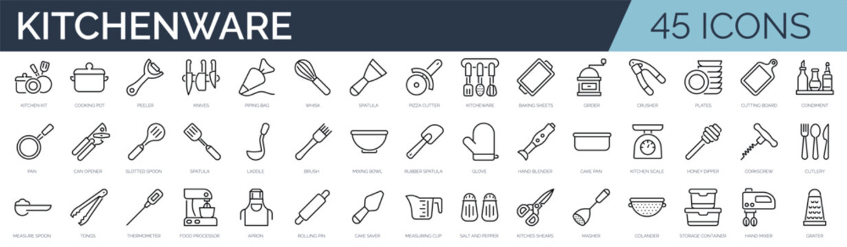 Set of 45 outline icons related to kitchenware. Linear icon collection. Editable stroke. Vector illustration
