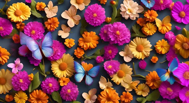 Video di sfondo primaverile con fiori e farfalle 3D, atmosfera gioiosa e serena,