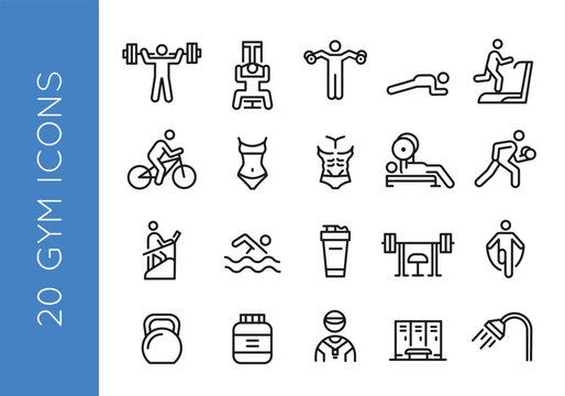 20 black line icons depicting various fitness activities and gym equipment on a white background for mobile, web application, promotional materials and SMM. Vector illustration