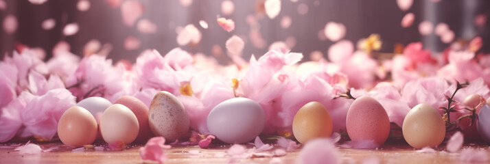 Dreamy Easter background with pink flowers and eggs banner. Panoramic web header. Wide screen wallpaper