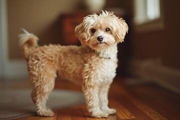 Cute Maltipoo dog standing on a chair with leaves on the floor, in the style of light brown and light beige, clear edge definition, precisionist lines, light red and brown,