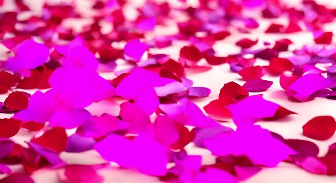 petali di rose rosa e fuxia su sfondo bianco, i petali si spostano grazie a una leggera brezza, sfondo video di san valentino