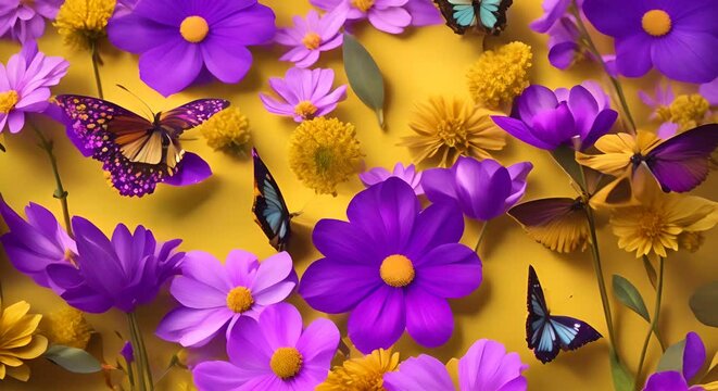 Video di sfondo primaverile con fiori e farfalle 3D, atmosfera gioiosa e serena,