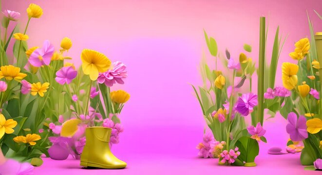 animazione 3d di stivali da pioggia verdi che si muovono  con fiori e farfalle che volano su sfondo rosa e verde, gradiente , concetto di arrivo della primavera,  ideale per inserire offerte e sconti 