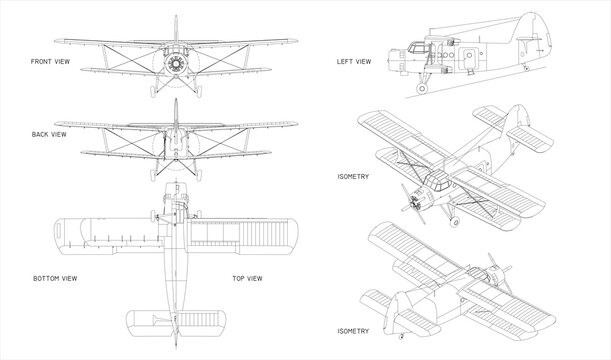 Military and civil aircraft. Biplane of the times of the USSR.  Blueprint with projections on a transparent background. Scale model of an airplane.	