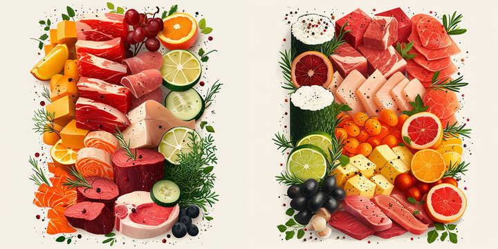Wide format illustration of assorted meat products